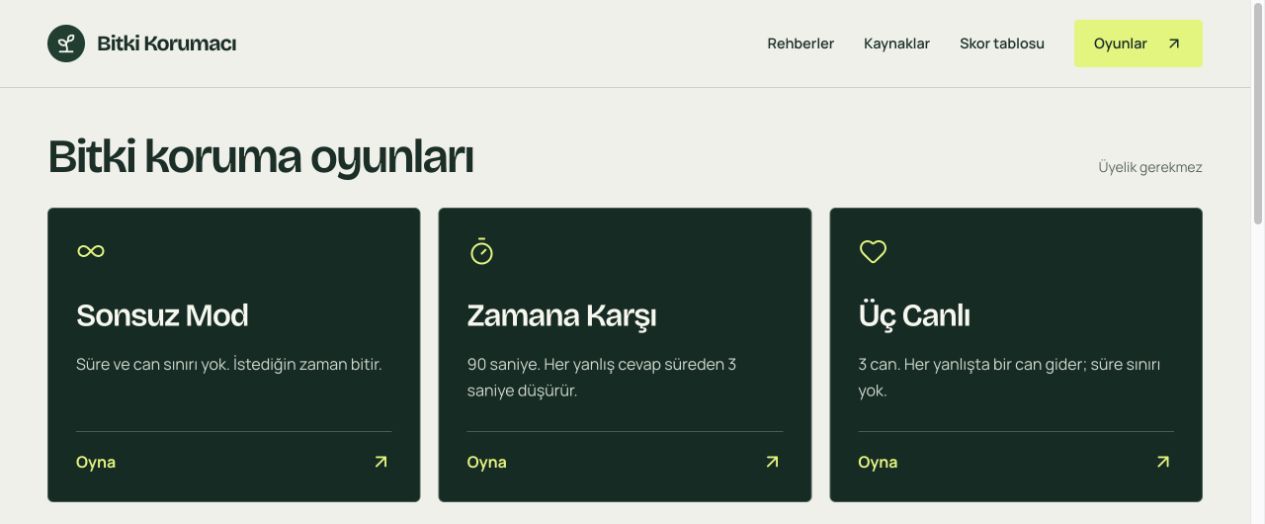 Bitki Korumacı website showing its three plant-protection quiz modes: endless, timed and three lives.